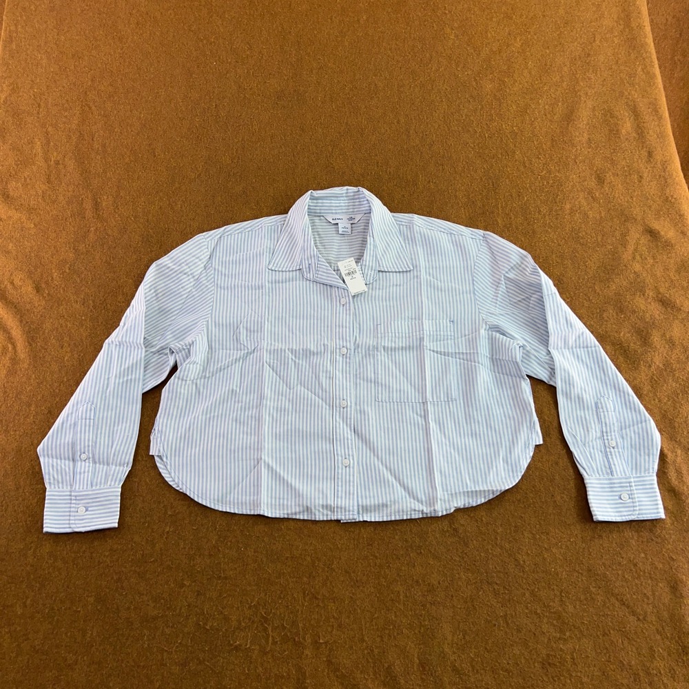 Old Navy Womens Medium Petite Blue White Striped Cropped Button Front Shirt NWT